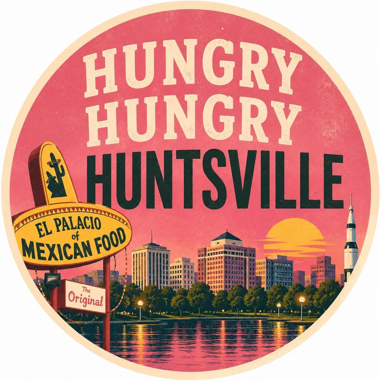 Illustrated Huntsville skyline and El Palacio sign